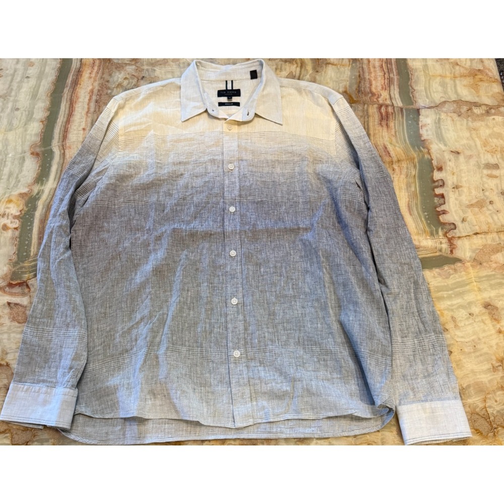 Ted Baker London Mens Button Up Shirt Grey White Ombre Regular Fit Size 5/US XL